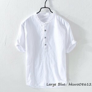 半袖シャツ メンズ ビジネス 立ち襟 綿麻シャツ 無地 リネンシャツ 大きいサイズ Tシャツ 夏 サマーシャツ 薄手 カジュアル ホワイト 5XL