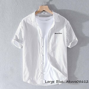 半袖シャツ メンズ カジュアルシャツ ビジネス ストライプ柄 刺繍 メンズシャツ 薄手 サマー 夏 涼しい 心地良し 清涼感 通勤 ホワイト XL