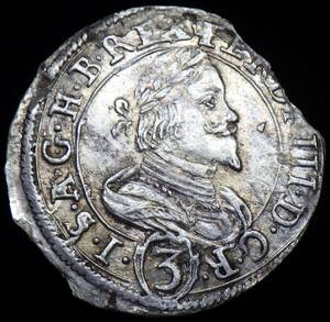 1668年 神聖ローマ帝国 レオポルト1世 3クロイツァー銀貨 グラーツ鋳