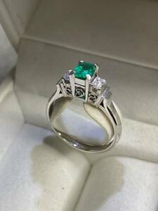 Pt900 platinum ring ring emerald E0.32 diamond D0.23Ct size approximately 10.5~11 number weight approximately 4.18g