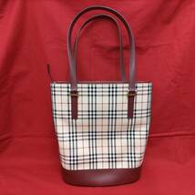 【558】★ BURBERRY バーバリー キャンバス×レザー ショルダーバッグ レッド系 ★ ハンドバッグ トートバッグ ノバチェック ★ 中古品_画像1