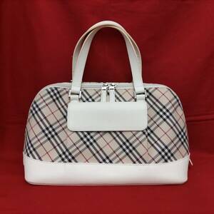 【560】★ BURBERRY バーバリー キャンバス×レザー ハンドバッグ ホワイト系 ★ ボストンバッグ ノバチェック ★ 中古品