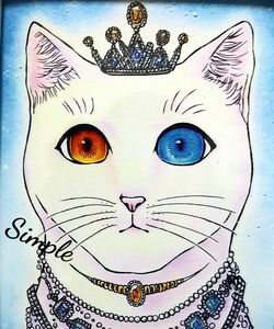 手描きイラスト　オリジナル　猫　オッドアイ　複製品　額付き