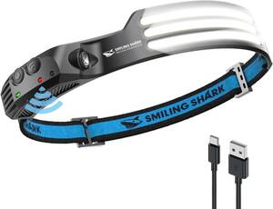 Smiling Shark 充電式 LED ヘッドライト, 【最新款・PSE・白光1個セット】 USB充電可能 3 倍高輝度ア