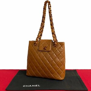 極 美品 袋付 シール有 5番台 CHANEL シャネル マトラッセ ラムスキン レザー チェーン トートバッグ セミ ショルダーバッグ 茶 52468