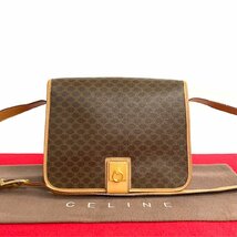 極 美品 CELINE セリーヌ ヴィンテージ マカダム ブラゾン リング 金具 レザー 本革 ミニ ショルダーバッグ ポシェット ブラウン 茶 24338_画像1