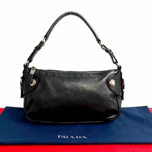 極 美品 希少品 PRADA プラダ ロゴ 金具 レザー 本革 ハンドバッグ セミ ワン ミニ ショルダーバッグ ポーチ ブラック 黒 34152