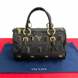 極 美品 希少品 PRADA プラダ 三角ロゴ 金具 ビジュー ナイロン レザー ハンドバッグ トートバッグ ミニ ボストンバッグ ブラック 13690