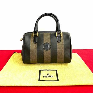 極 美品 希少品 FENDI フェンディ ペカン FF ロゴ ストライプ 柄 レザー ハンドバッグ ミニ ボストンバッグ ブラック カーキ 15004