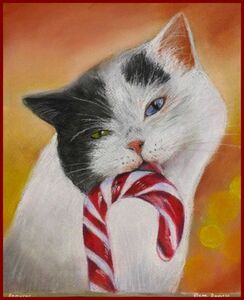 Art hand Auction 原创粉彩画, 满意的微笑, 爱吃糖果的猫, 绘画, 水彩, 动物画