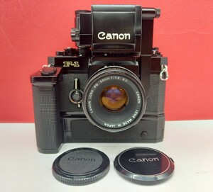 ■防湿庫保管品 Canon F-1 フィルム一眼レフカメラ ボディ FD 55mm F1.8 S.C. レンズ シャッターOK 現状品 付属品 キャノン