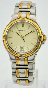 「グッチ　1円～」　「GUCCI」　9040M　デイト　黄色　コンビ　腕時計　クォーツ　稼働　メンズ　C9087