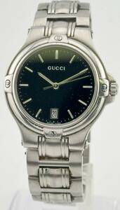[ Gucci 1 иен ~] *GUCCI* 9040M Date чёрный циферблат наручные часы кварц работа мужской W8736