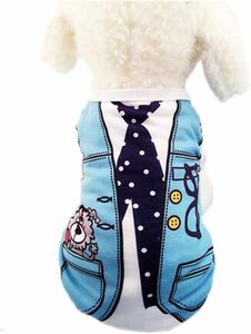 ふく福 可愛い 小中型犬服Ｔシャツ ドッグウェア ベスト お散歩お出かけウェアに 春夏服 パジャマ サロペット風 (S, ブルー)
