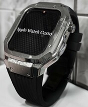 シルバー　アップルウォッチバンド　 ラバー　ベルト カバー　Apple Watch ケース 44mm 45mm メタリック_画像1