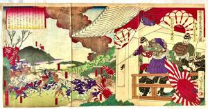 Art hand Auction [Exposition spéciale de la collection] La guerre de Seinan Dessin de la défense du château de Kumamoto par Tani Kanjo-kun par Hasegawa Sadanobu, 1877 (10 Meiji), Document historique rare, Château de Kumamoto, Préfecture de Kagoshima, Domaine Satsuma, Peinture, Ukiyo-e, Impressions, Peintures de lieux célèbres