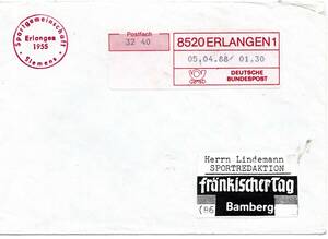 改〒【TCE】78594 - 西ドイツ・１９８８年・コンピューターの差出メーター印貼封書