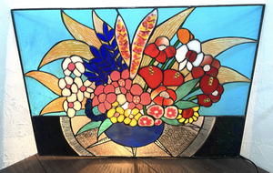 ステンドグラス プレート 花 花瓶 55×49cm アンティーク インテリア