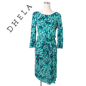DHELA 総柄プリント ロングスリーブドレープワンピース ドレス sizeUK/6 US/2 ブルーグリーン系 デラ