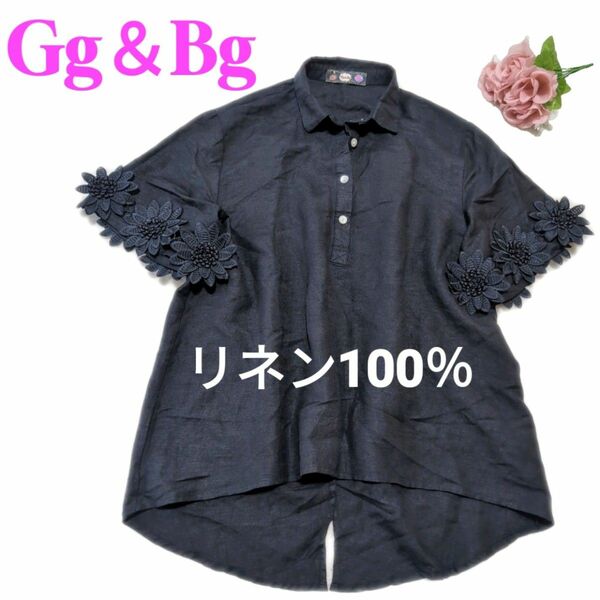 Gg＆Bg　リネン100％　麻　立体花チュニック　半袖ブラウス　シャツ　韓国　黒