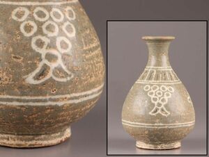 古美術 朝鮮古陶磁器 高麗青磁 白黒象嵌 徳利 時代物 極上品 初だし品 C6178