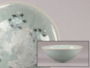 古美術 朝鮮古陶磁器 高麗青磁 白黒象嵌 鉢 時代物 極上品 初だし品 C6131