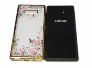 送料無料 Galaxy Note9 SC-01L SCV40 ギャラクシー docomo AU 花柄 フラワー ラインストーン ＴＰＵ ソフトタイプ ケース カバー ゴールド