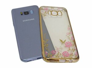 Galaxy S8+ SC-03J SCV35 ギャラクシー S8+ プラス 花柄 フラワー ラインストーン ＴＰＵ ソフトタイプ ケース カバー ゴールドピンク
