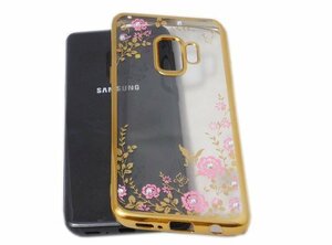 送料無料 Galaxy S9 SC-02K SCV38 ギャラクシー docomo AU 花柄 フラワー ラインストーン ＴＰＵ ソフトタイプ ケース カバー ゴールド