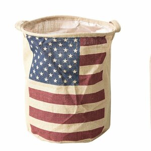 麻素材 バスケット ランドリーボックス 一人暮らしサイズ かご小物 洗濯 衣類 小物 収納 アメリカ国旗 星条旗 円柱型