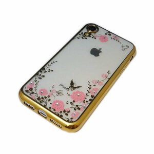 iPhone XR ジャケット 花柄 フラワー柄 TPU 光沢 ラインストーン 華やか アイフォン XR アイホン XR クリア ケース カバー ゴールド