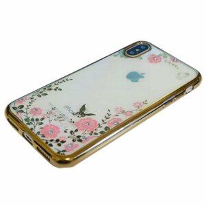 iPhone XS/X ジャケット 花柄 フラワー柄 TPU 光沢 ラインストーン 華やか アイフォン X アイホン XS クリア ケース カバー ゴールド