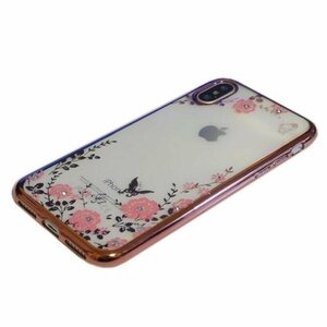 iPhone XS/X ジャケット 花柄 フラワー柄 TPU 光沢 ラインストーン 華やか アイフォン X アイホン XS クリア ケース カバー ピンク