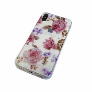 iPhone XS/X ジャケット 絵画絵柄 プリント 光沢 TPU ソフト アイフォン X アイホン XS ケース カバー ローズ 薔薇色