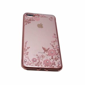 iPhone 8 Plus/iPhone 7 Plus アイフォン アイホン プラス 花柄 フラワー柄 TPU 光沢 ラインストーン 華やか クリア ケース カバー ピンク