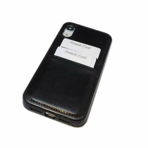 iPhone XR ジャケット 背面カードホルダー シンプル 無地 フェイクレザー 合皮革 アイフォン XR アイホン XR ケース カバー ブラック 黒色