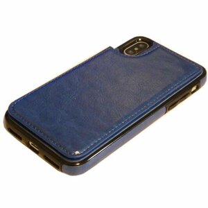 iPhone XS/X ジャケット 背面カード入れ シンプル 無地 フェイクレザー 合成皮革 アイフォン X アイホン XS ケース カバー ネイビー 紺色