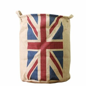 麻素材 バスケット ランドリーボックス 一人暮らしサイズ かご小物 洗濯 衣類 小物 収納 イギリス国旗 ユニオンジャック 円柱型
