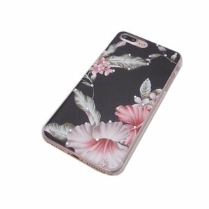 iPhone 8 Plus/7 Plus プラス キラキラ 絵画絵柄 可愛い かわいい ラインストーン アイフォン アイホン ケース カバー 黒背景の花柄