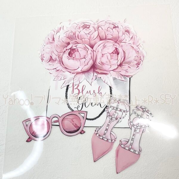 未使用 アイロン転写シート 1枚 薔薇 サングラス 靴 ヒール ピンク