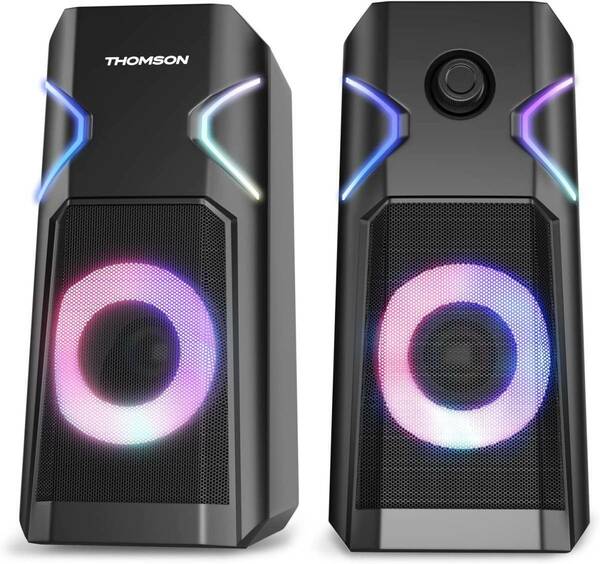 THOMSON pcスピーカー ゲーミングスピーカー RGBライト切り替え可 有線USB給電式 3.5mmヘッドフォンジャック 縦置き 6W（3W*2）SKU256