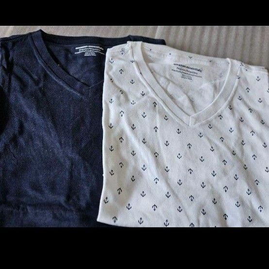 メンズ　Vネックスリムフィット半袖Tシャツ　ネイビー&　ホワイト(イカリ)2枚組