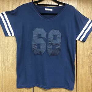 ★美品！ラインTシャツ（紺）M 胸元異素材ワッペン刺繍縫　　おねさげしました。