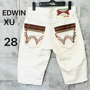 【美品】EDWIN XU デニムハーフパンツ　28インチ　オフホワイト　刺繍