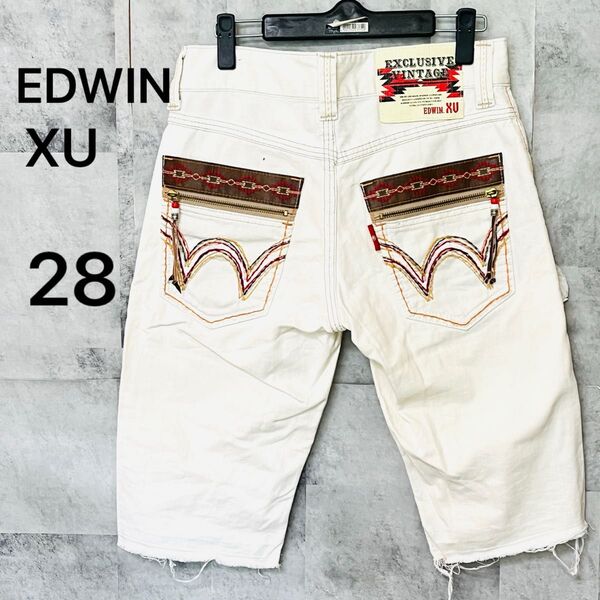 EDWIN XU デニムハーフパンツ 28インチ オフホワイト 刺繍