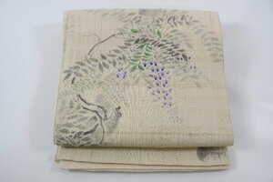 Art hand Auction Fukuro Obi, Tsumugi fabric, hand-painted wisteria flower pattern, obi length 448cm ★Kimono shop ne-9847 Sakuraba Kimono Store, band, Obi, Ready-made