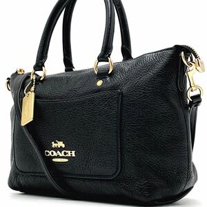 1円【極上】COACH コーチ 2way ショルダーバッグ トート ハンド ゴールド金具 レザー 本革 ブラック 黒色 レディース 斜め掛け チャーム