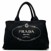 1円【最高級品】PRADA プラダ 2way ショルダーバッグ トート ハンド カナパ S ストライプ 三角プレート キャンバス ブラック 斜め掛け 黒色_画像2