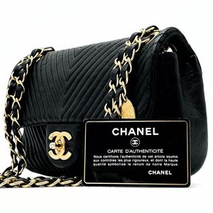 1円【最高級】CHANEL シャネル ショルダーバッグ トート チェーン シェブロン ココマーク ゴールド金具 ラムスキン ブラック シール カード