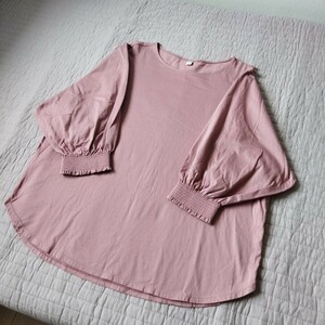 ユニクロ UNIQLO マーセライズコットン シャーリングボリュームスリーブT 7部袖 Tシャツ L pink●ネコポス 送料無料 